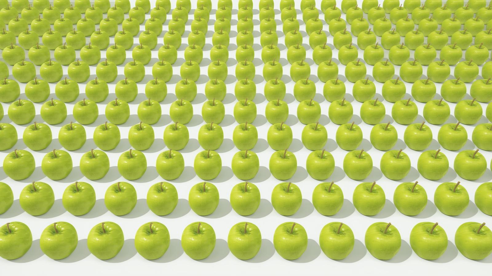 Illustrative 3D graphics in a minimalist style consisting of green apples arranged in a regular grid on a colored background of ice-cold white. Illustrative 3D graphics in a minimalist style consisting of green apples arranged in a regular grid on a colored background of ice-cold white.